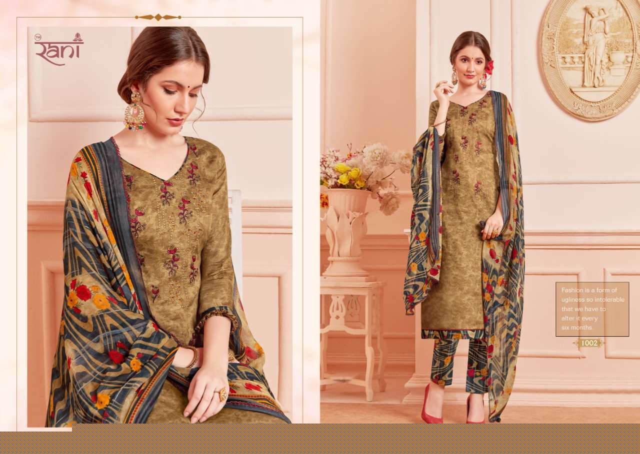 KAIRA BY RANI FASHION 1001 TO 1010 SERIES BEAUTIFUL SUITS STYLISH FANCY COLORFUL PARTY WEAR & OCCASIONAL WEAR COTTON SATIN PRINTED WITH EMBROIDERY DRESSES AT WHOLESALE PRICE